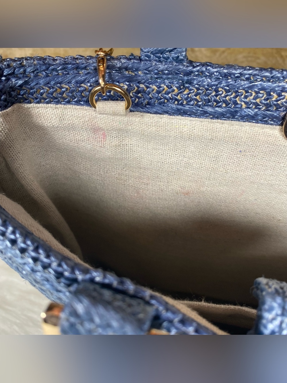 Haute Hippie Blue Straw Tote with Multicolor Floral Appliqués and Bamboo Handles - Picture 11 of 11